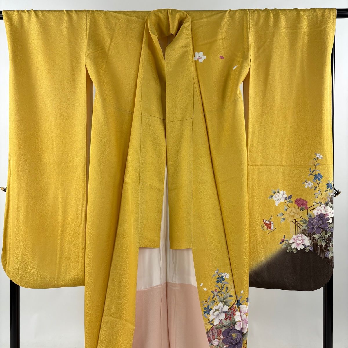 ❤️振袖　着丈174cm 袖丈69cm M〜Ｌ 袋帯　6点フルセット　正絹 振袖 身丈174cm 裄丈69.5cm L 袷 袋帯フルセット 牡丹 絵馬 金彩