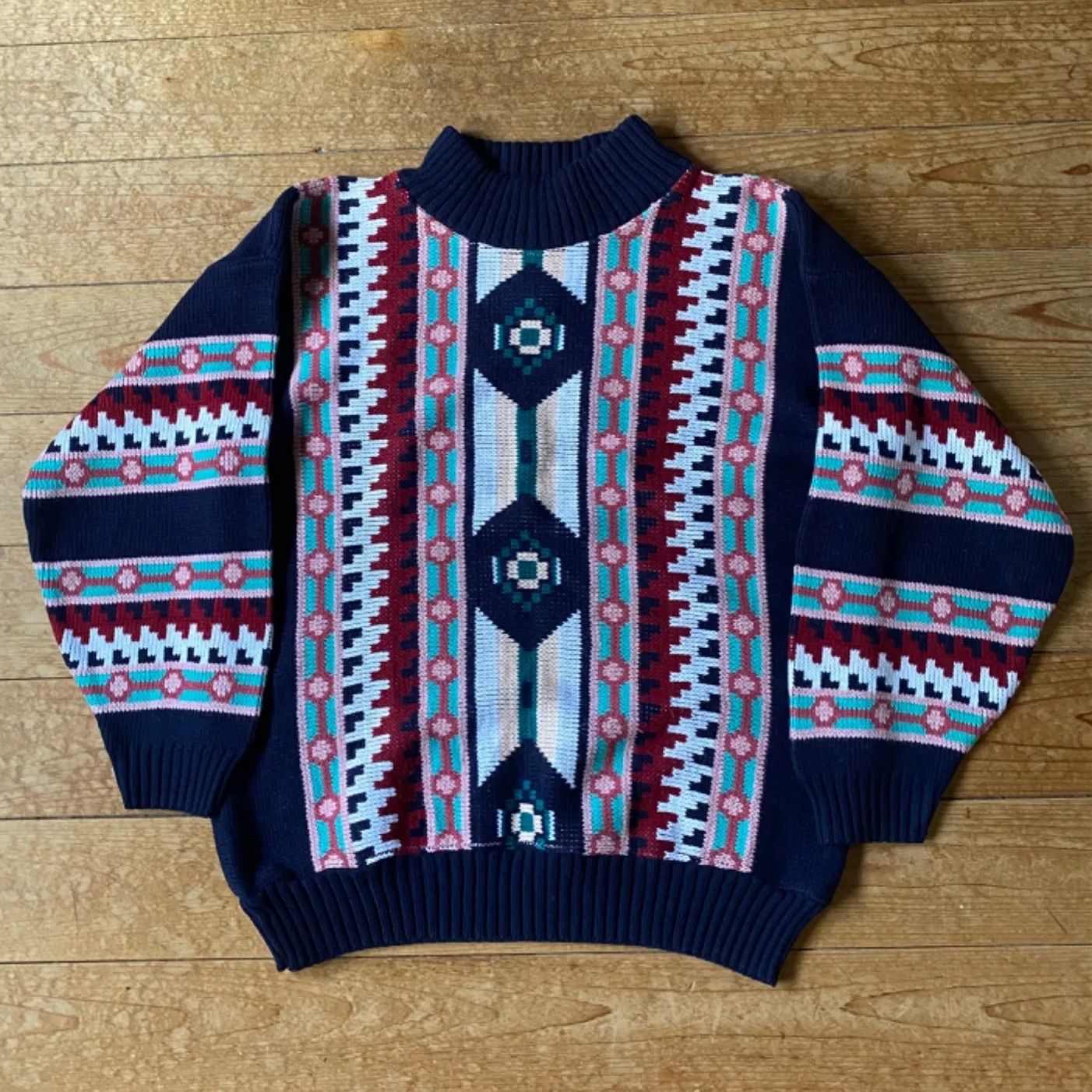 90's  native pattern Knit USA製古着総柄ネイティブ柄セーターニット