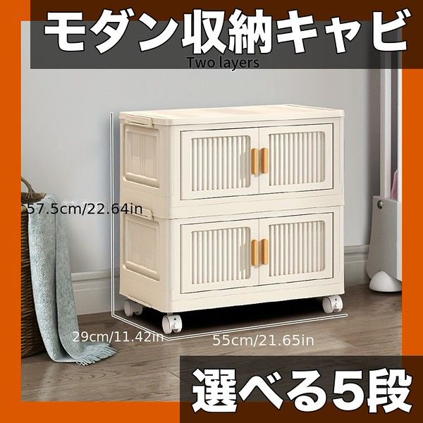 組立簡単 キャスター付 モダンデザインプラスチック収納キャビネット 2～5段選べる棚 ドア付 頑丈多用途オーガナイザー 衣類収納 寝室 オフィスに最適 2段