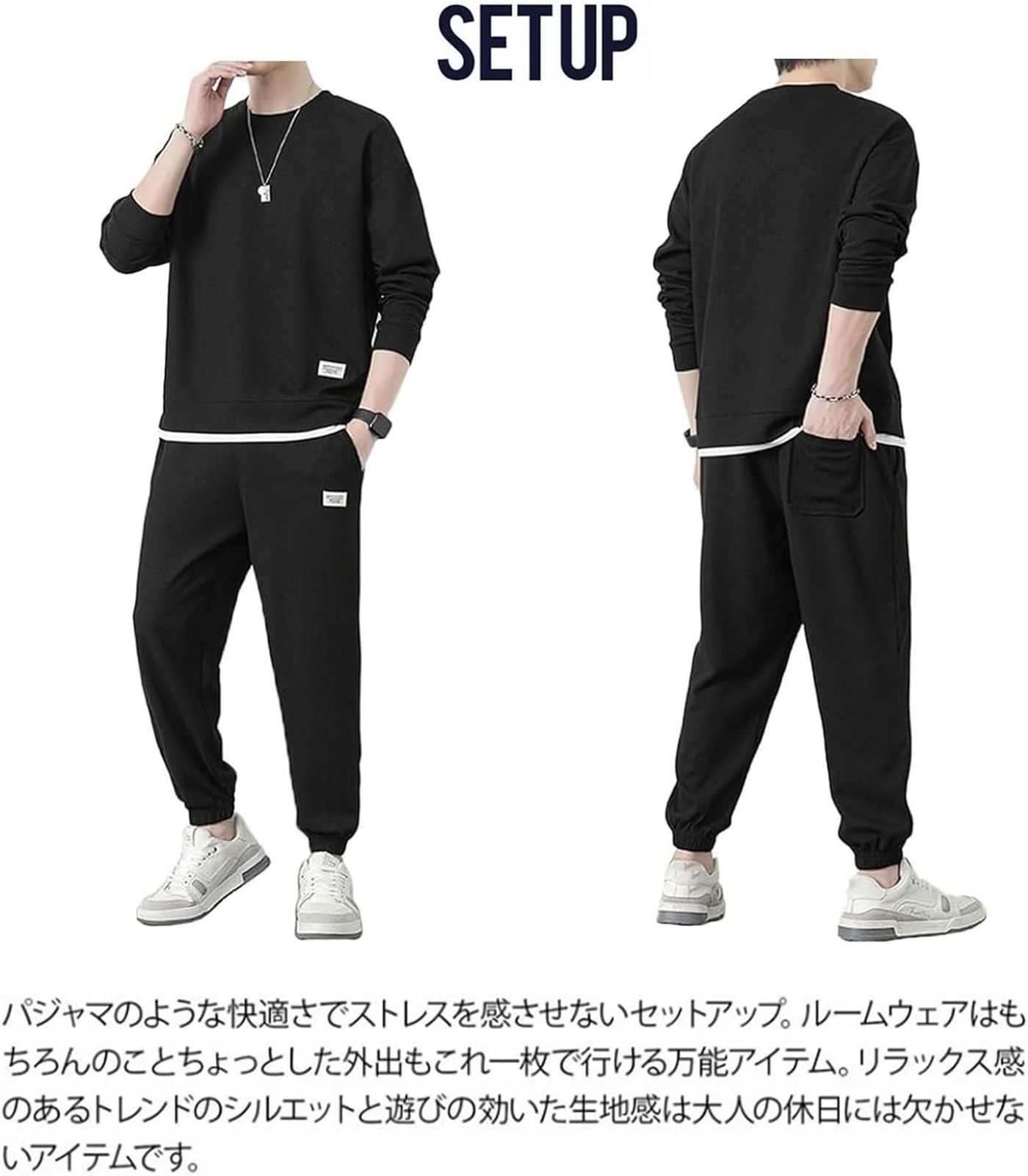 SLOW MELLOW セットアップ ワッフル 生地 上下セット 重ね着風 デザイン ルームウェア カジュアル メンズ 長袖 パンツ スポーツ シンプル 部屋着 4カラー JP, アルファベット, 2XL, ダークグレー ダークグレー 2XL  長袖 メンズ 上下セット ルーム