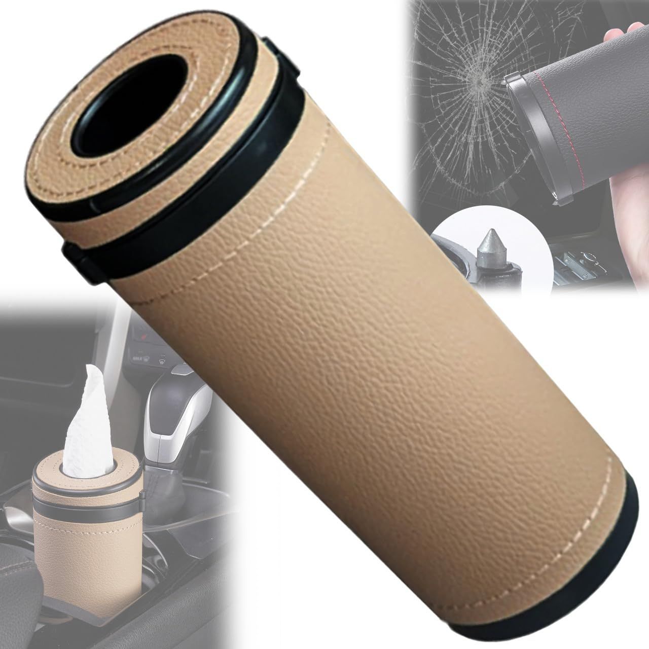 VICHE CATT 車 ティッシュホルダー 筒形 ティシュケース アルミ製 小物入れ 収納ボックス カー用品 (ベージュ)