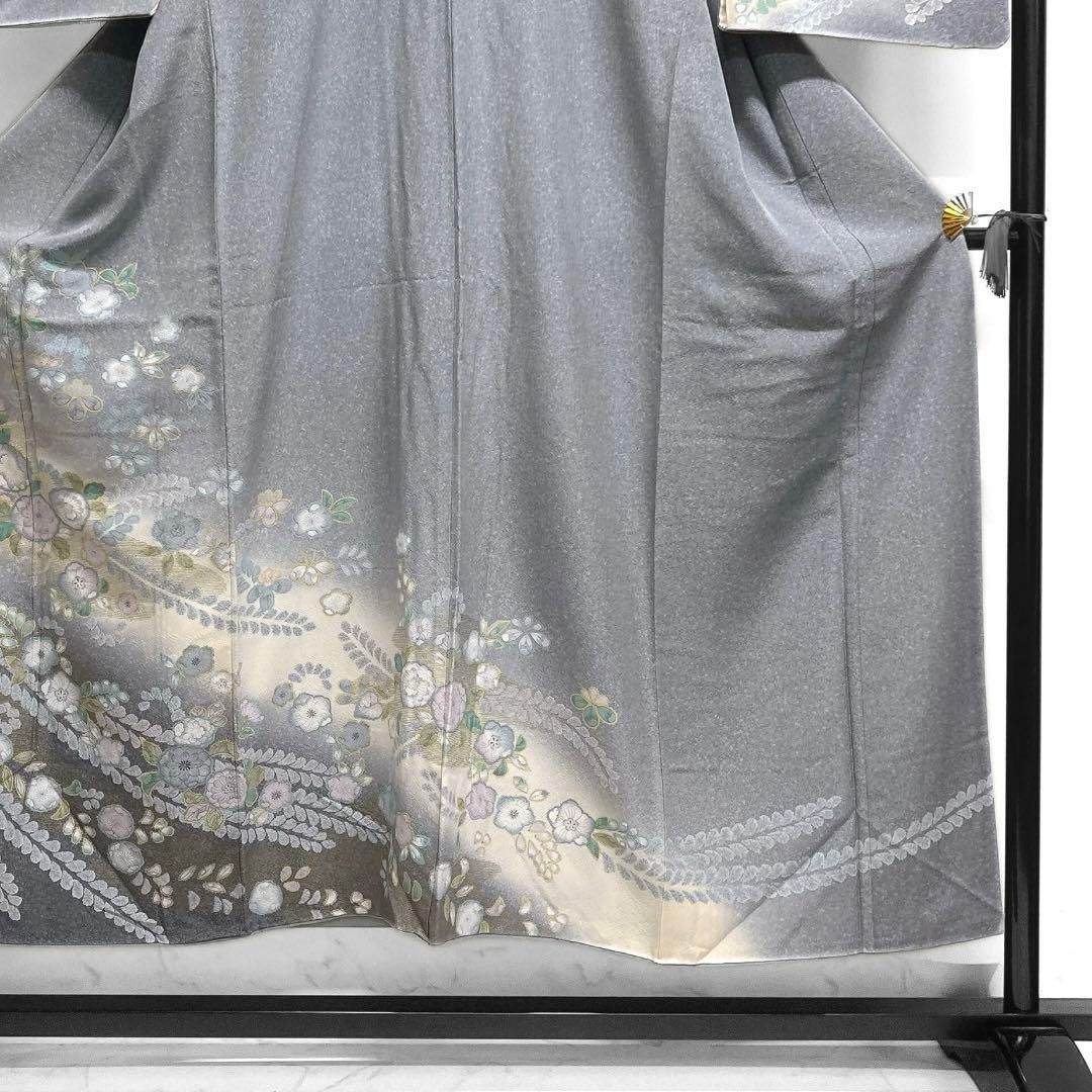 訪問着 辻ヶ花 金彩 藤 リーフ たたき染 グレー 紋無し 着物 045a d