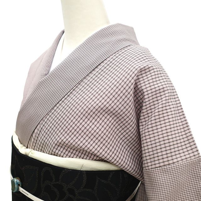 中古】 本塩沢 着物 リサイクル 正絹 塩沢 塩澤 ピンクグレー 黒