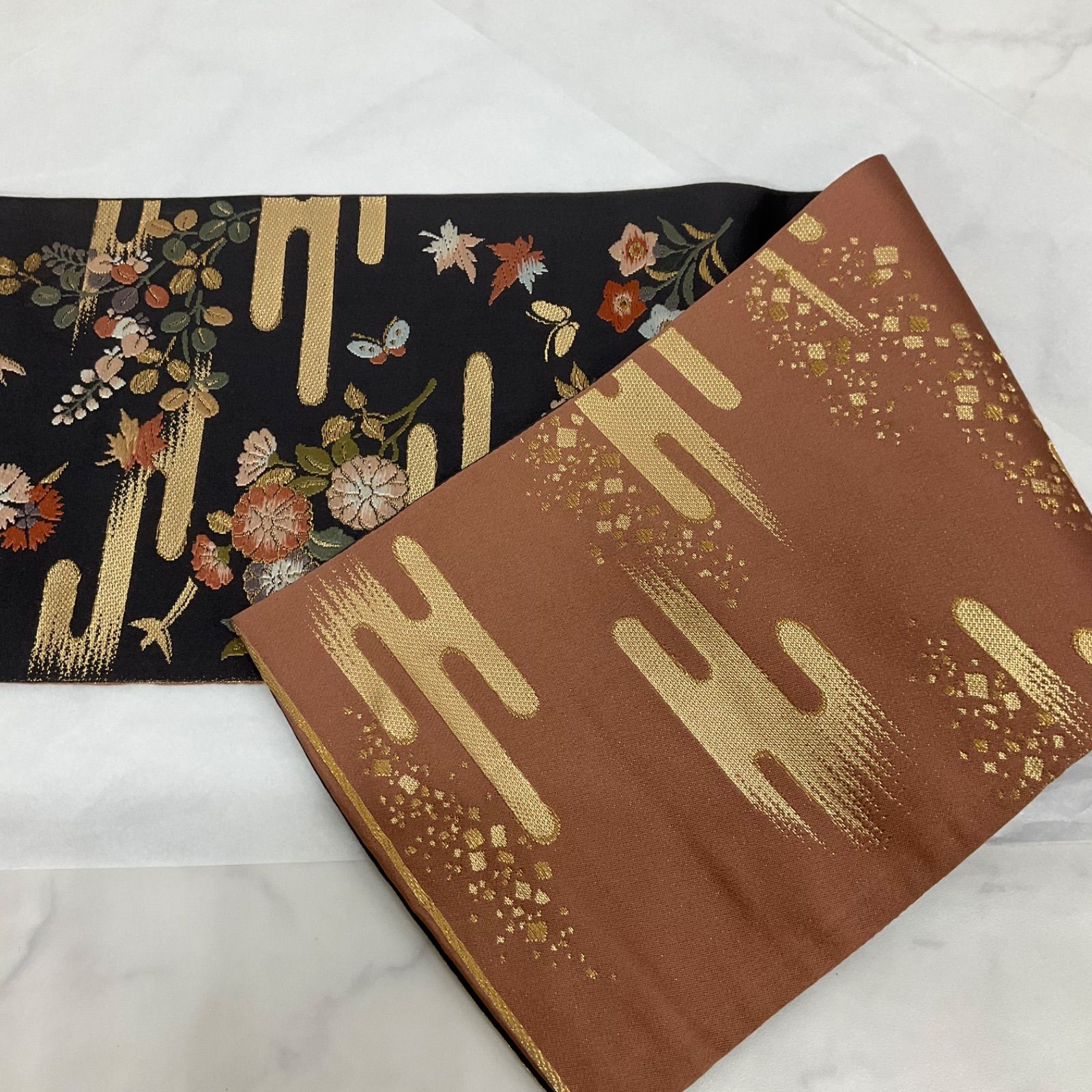 kimono+one○未使用同然⚫︎最高級西陣織○ふっくら唐織⚫︎正絹○素敵な半幅帯○せいこ花帯○リバーシブル○長尺○半幅帯半巾帯小袋帯○446㎝○着物 帯小紋普段着半幅帯単衣浴衣 - メルカリ