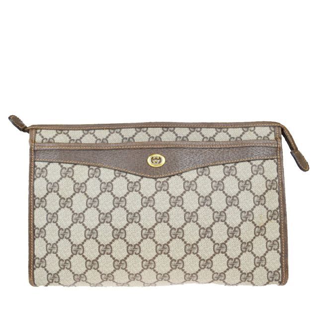 【中古】 グッチ(Gucci) GG柄 インターロッキング PVC，レザー クラッチバッグ ブラウン 07GB616