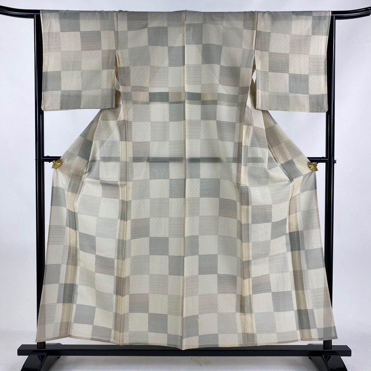 紬 身丈155.5cm 裄丈64cm M 薄物 夏紬 市松 縞 ベージュ 正絹 秀品