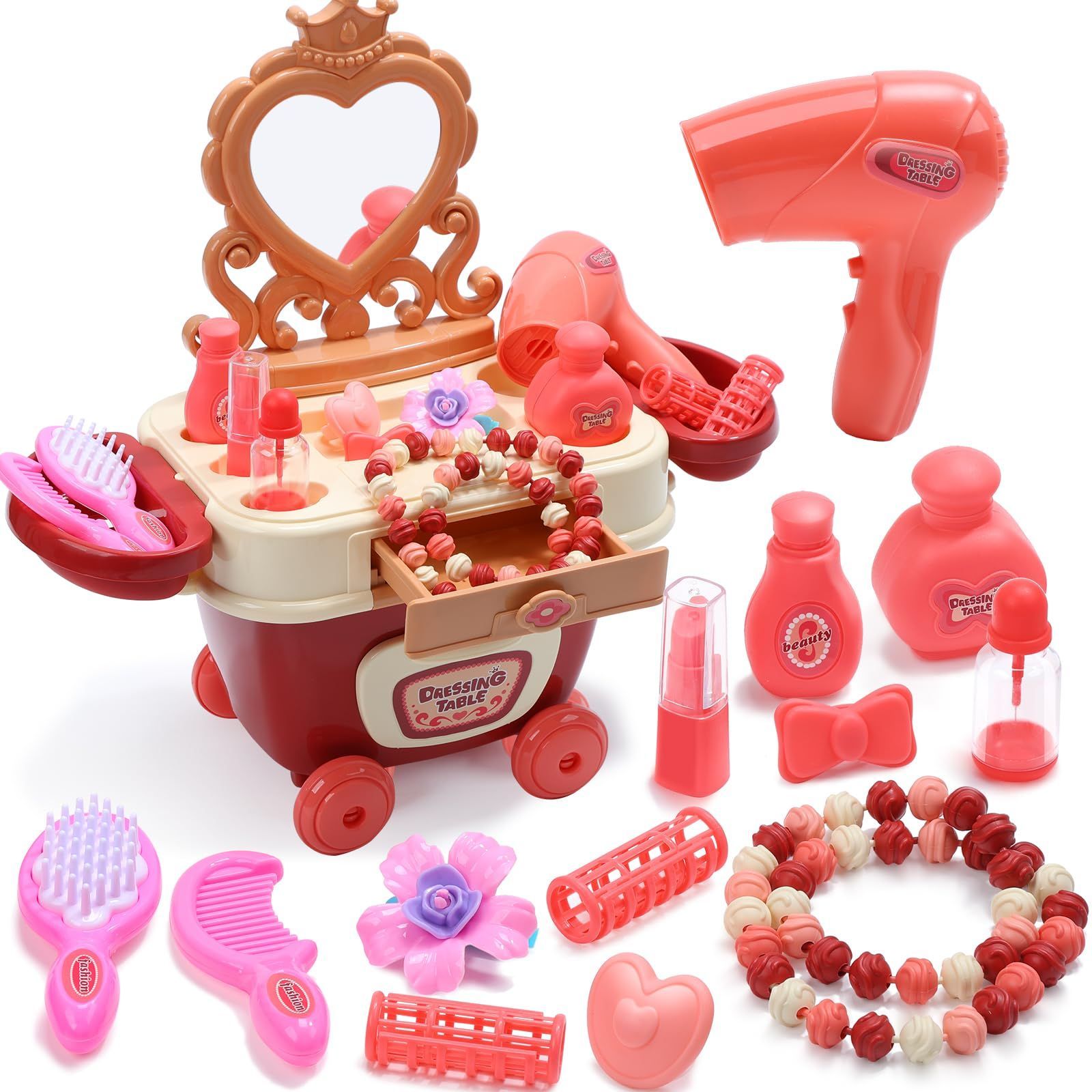 【新着商品】プレゼント クリスマス makeupcar 誕生日 プラスチック製メイクアップセット メイクアップ キッズ 移動可能 大容量収納スペース メイク化粧台 メイクおもちゃ ドレッサーおもち