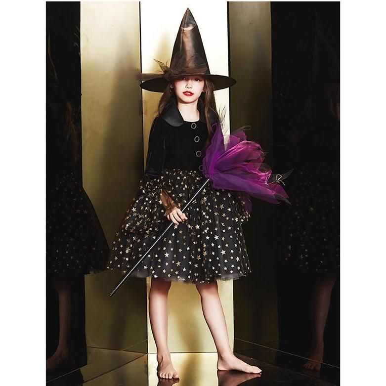 コスプレ 衣装 子供服 ハロウィン 魔女 ウィッチ 女の子 ワンピース パフスリーブ 長袖 帽子 星柄 キラキラ コスチューム パーティ WWW_SKLAD-KIRPICHA_RU