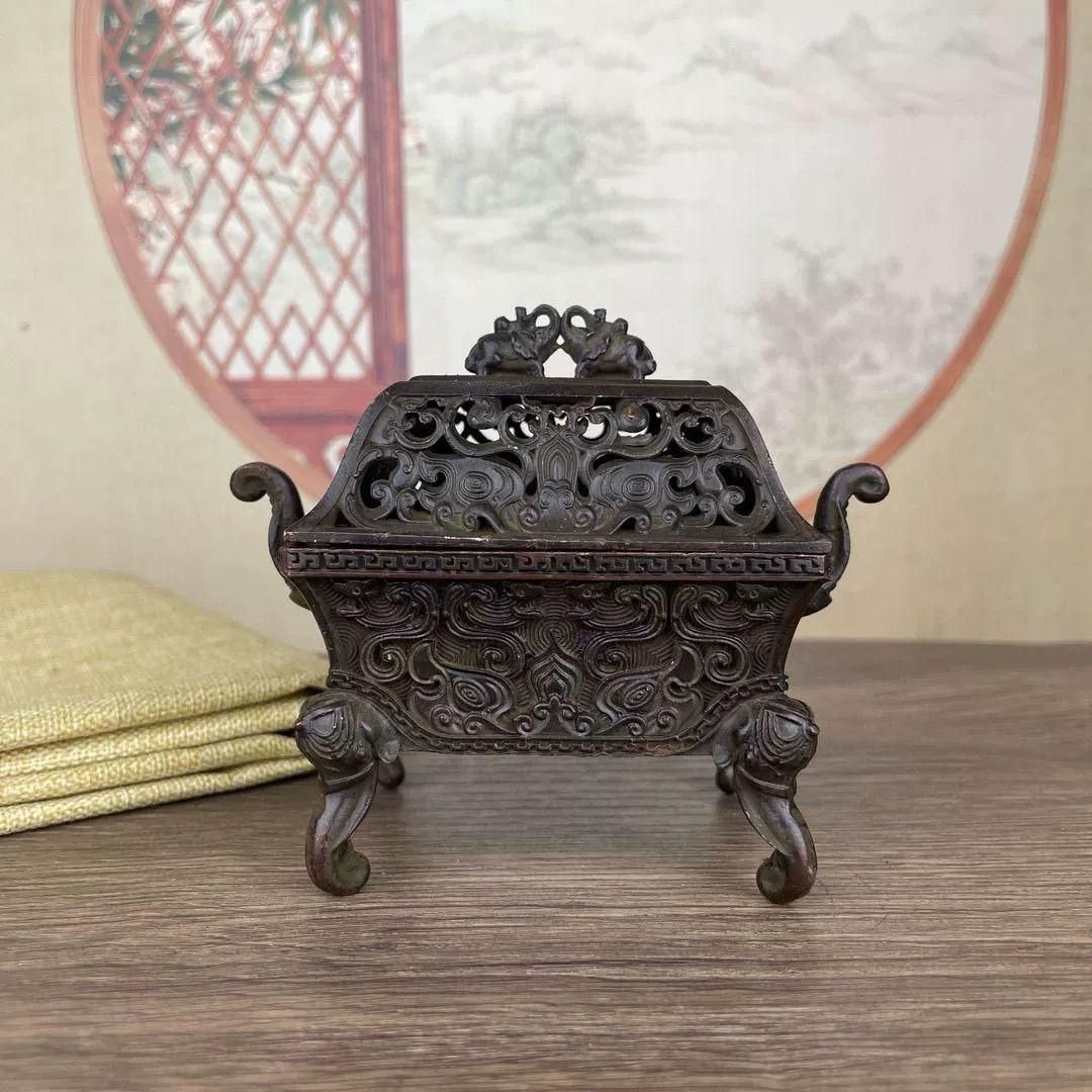 銅細工 透かし彫り薫製香炉 亀薫製香炉 工芸品 美術品 置物 銅細工 手炉 懐炉 香薫炉 蒸籠 香道具 装飾品 工芸品 美術品