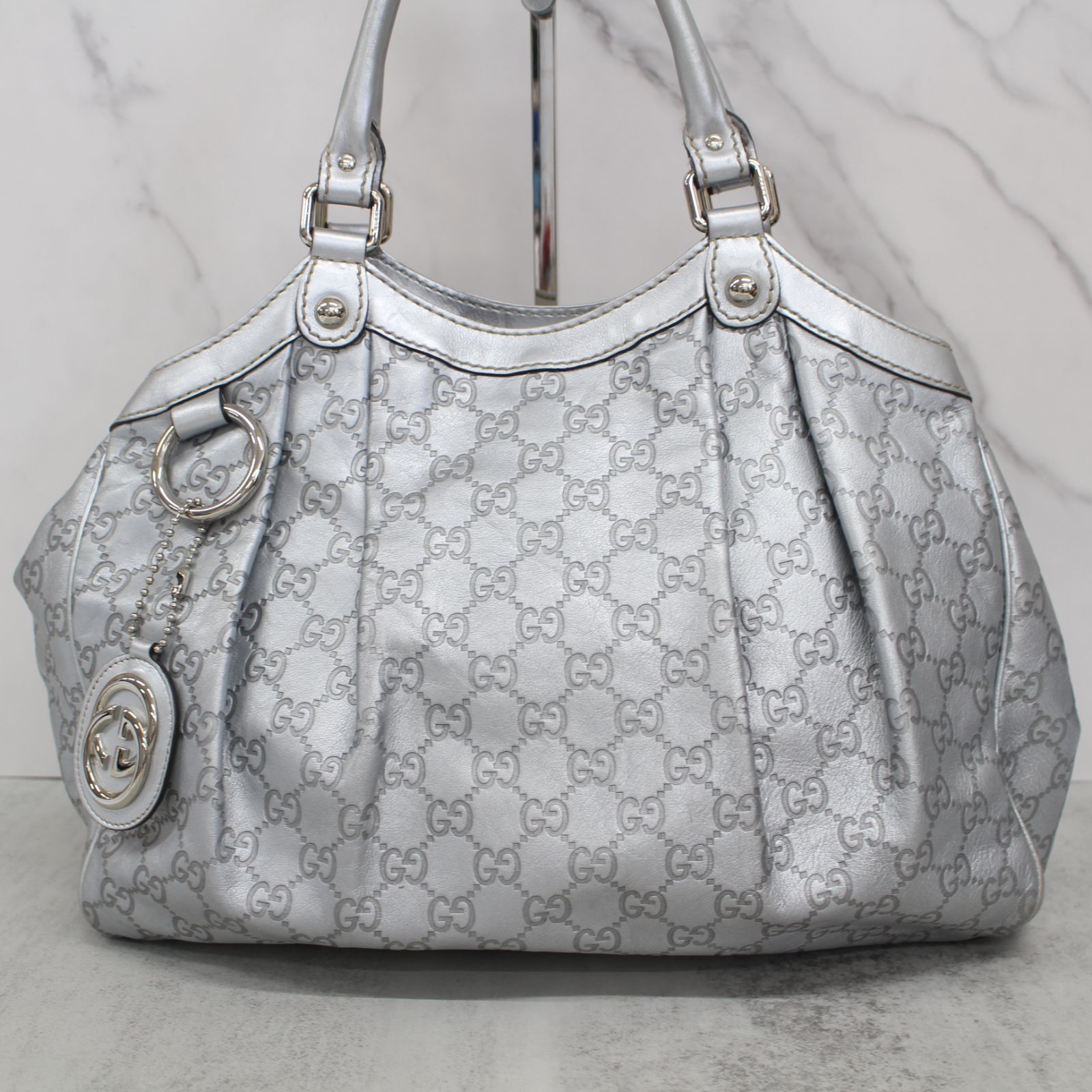 S118)GUCCI スーキー GG柄 レザー トートバッグ シルバー グッチ 