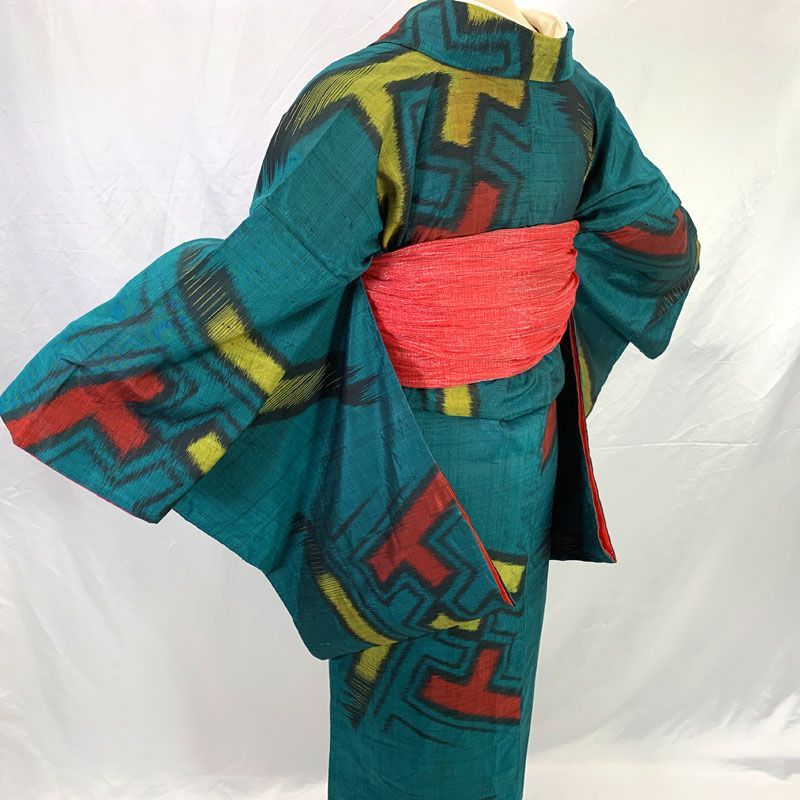 アンティーク着物　大正ロマン　銘仙 508aa7◇アンティーク着物 銘仙 紗綾形 緑 レトロモダン 大正ロマン