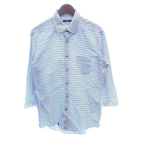 オリヒカ ORIHICA GARAGE ボタンダウンシャツ ボーダー 七分袖 L 白 ホワイト 青 ブルー /AU ●RY