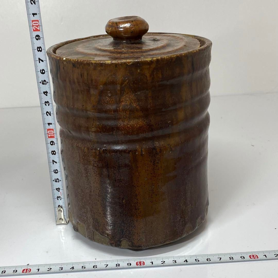 江戸期　尾戸焼　飴紬水指　時代木箱付　タカチ　高さ約21cm 東金6-0311① 江戸期 尾戸焼 飴紬水指 時代木箱付 タカチ 高さ約21cm 東金6