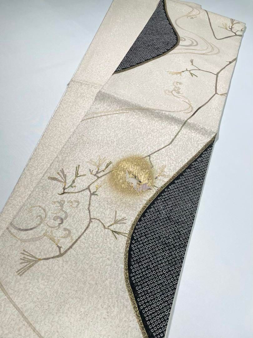 青柳謹製 袋帯 落款入 手描 絞り 刺繍 金彩 銀通し 鶴 正絹 三通 SA006 
