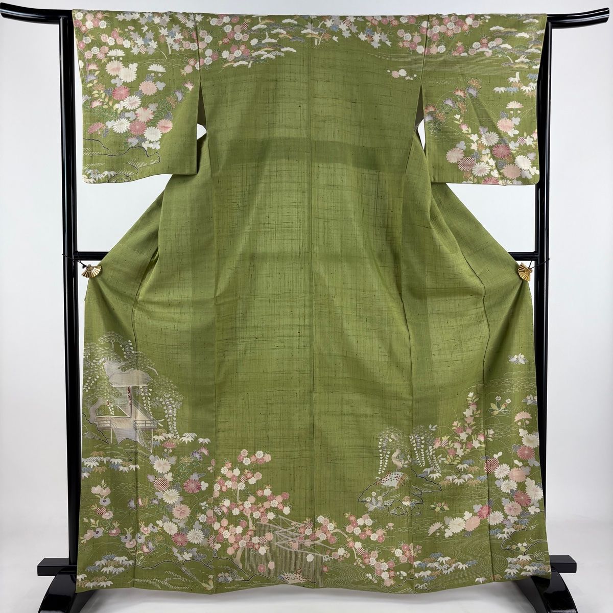 訪問着 身丈165.5cm 裄丈65cm M 袷 紬地 建物 草花 よもぎ色 正絹