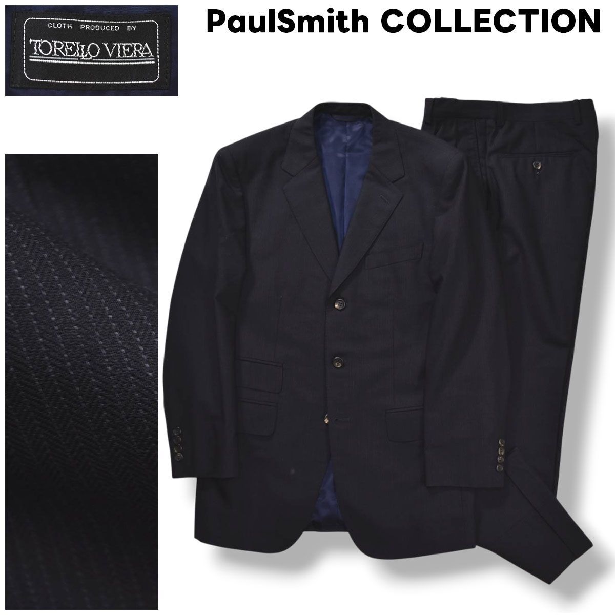 日本製 ポールスミス コレクション PaulSmith COLLECTION イタリア 生地 トレッロヴィエラ TORELLO VIERA 3B シングル スーツ セットアップ 上下 M ピンストライプ ネイビー ビジカジ メンズ