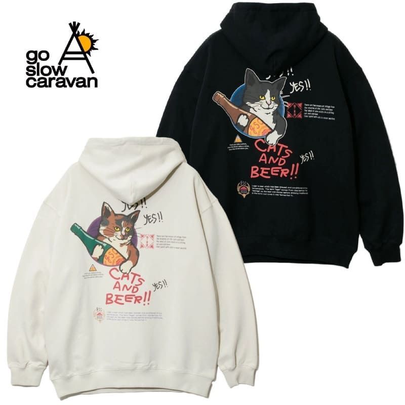 新品 ゴースローキャラバン go slow caravan 長袖 裏毛 パーカー 猫と麦酒 猫 ねこ ネコ ビール ユニセックス メンズ レディース オフホワイト アイボリー 黒 ブラック