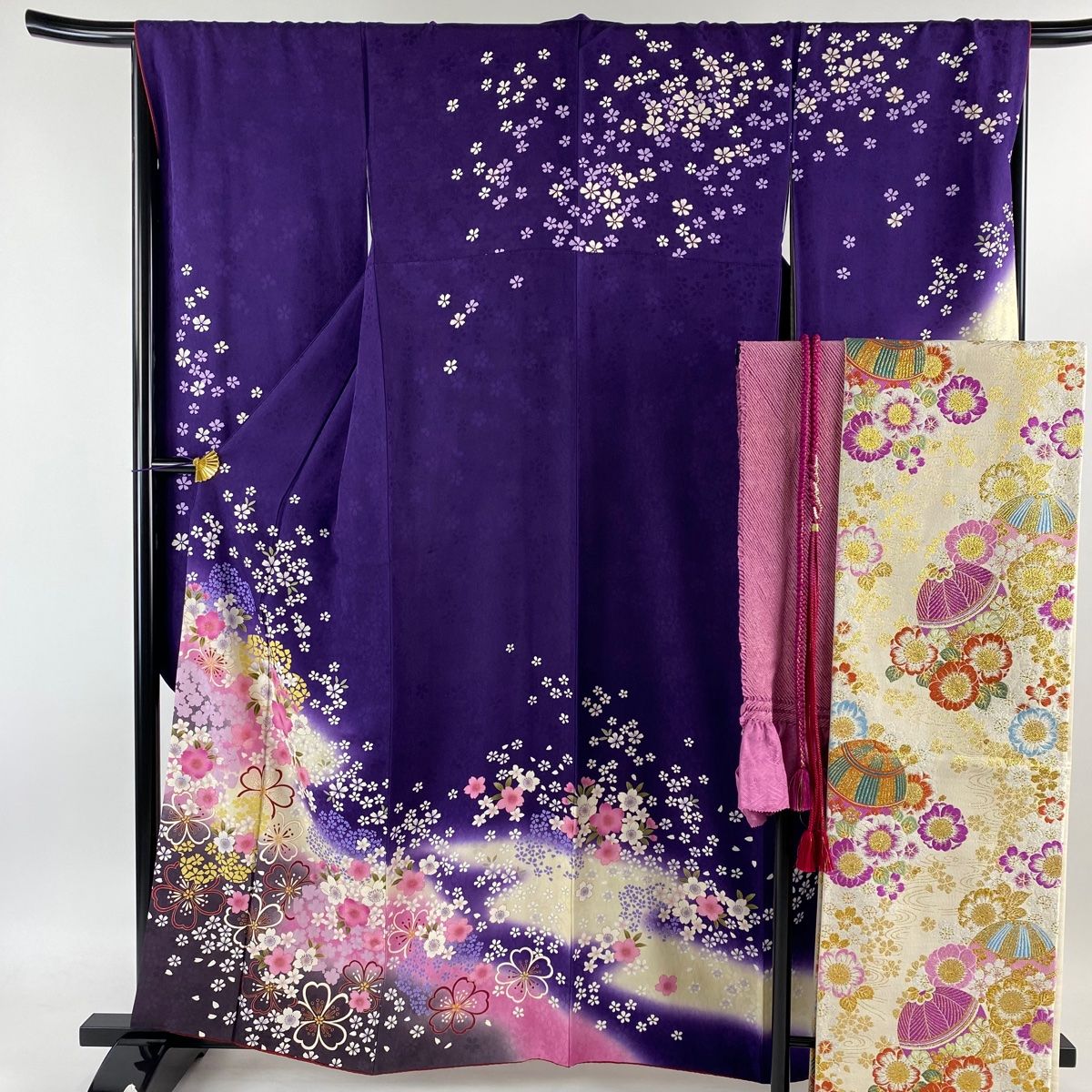 振袖 着物 中古 正絹 袷 ちりめん 帝王紫 身丈161cm A959-9 | 赤紫 藤