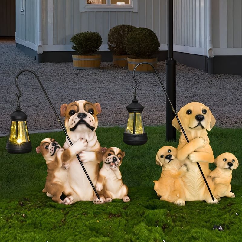 犬の置物 オブジェ 樹脂製 ソーラーランタン付き 庭園の装飾 屋外の庭