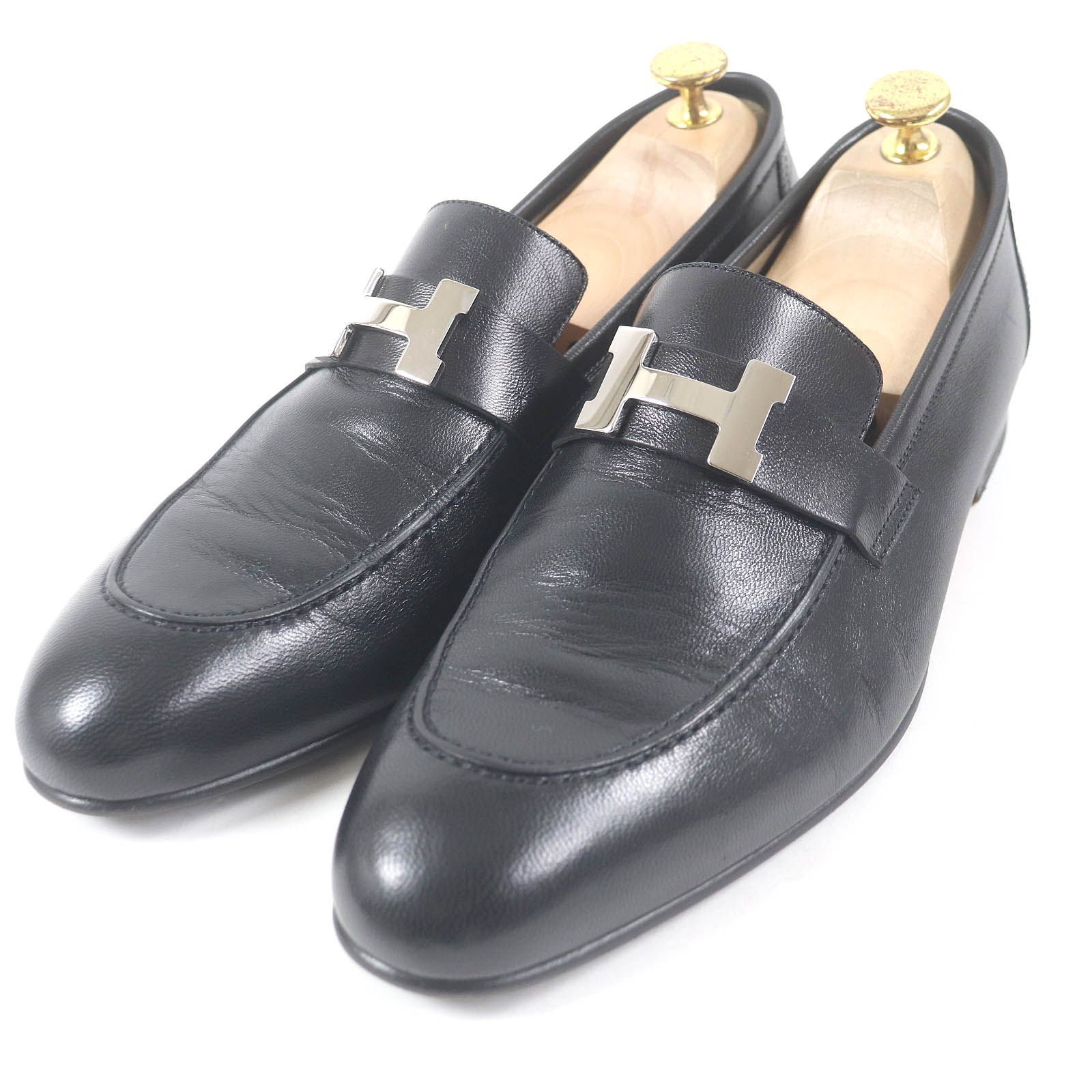 Hermes コンスタンス Hロゴ レザー ローファー ブラック×シルバー