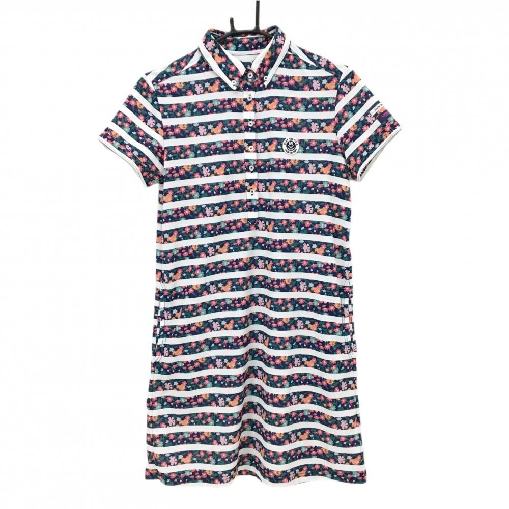 超 ジャックバニー 半袖ポロワンピース ネイビー×白 花柄 ボーダー LIBERTY レディース 2 L ゴルフウェア Jack Bunny