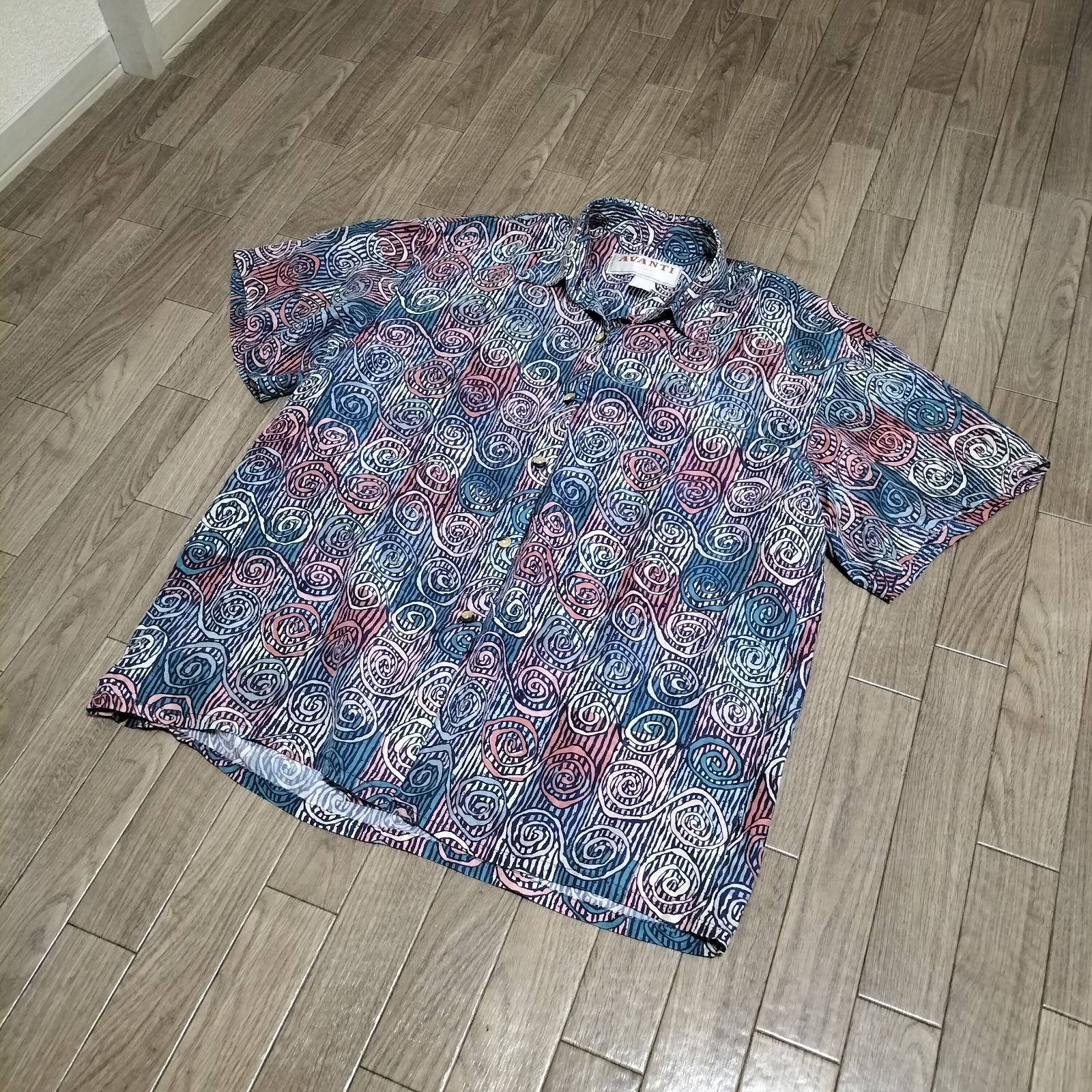 美品☆90s AVANTI アロハシャツ シルク100% 渦巻き 総柄 ハワイアン 