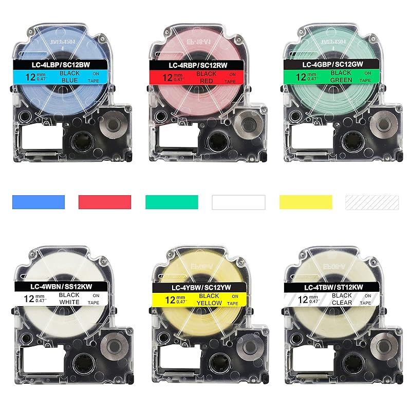 【新品】 キングジム テープカートリッジ 12mm KINGJIM テプラPROテープ互換 6色セット 文字 SC12BW SC12RW SC12GW SS12KW SC12YW ST12KW 青/赤/緑/白/黄/透明 対応機種: SR230C SR530 1