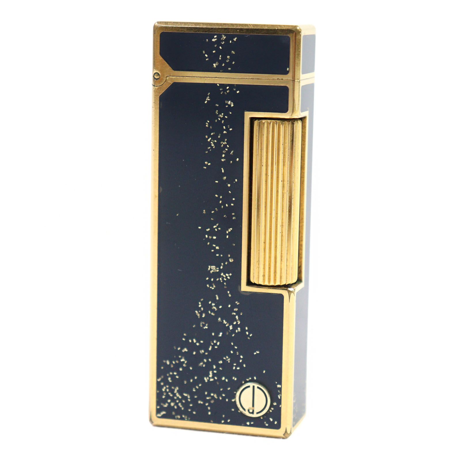 ○Dunhill ダンヒル ロゴ金具付き ラッカー スクエア型 ローラー式 吹き流し 喫煙グッズ ガスライター ネイビー ゴールド ケース付き スイス製 着火 済み
