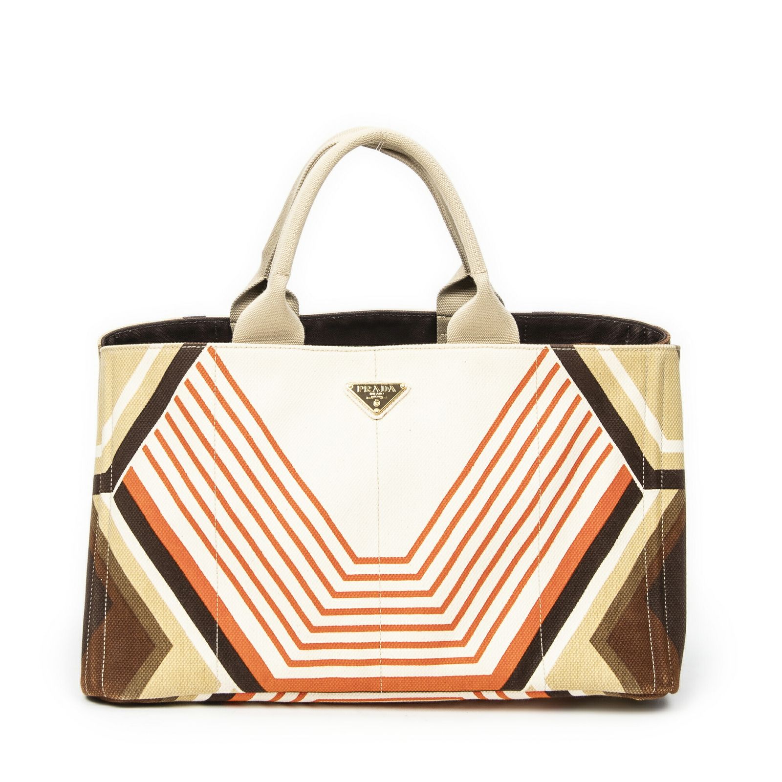 PRADA プラダラージカナパトートアイボリー オレンジ 茶色プリントカナパキャンバスA