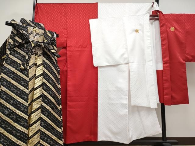 平和屋着物 上 男性 色無地 紋付き羽織 行灯袴セット キングサイズ 片身替わり 舞台衣装 紅白 洗える着物 CYAA3472s5