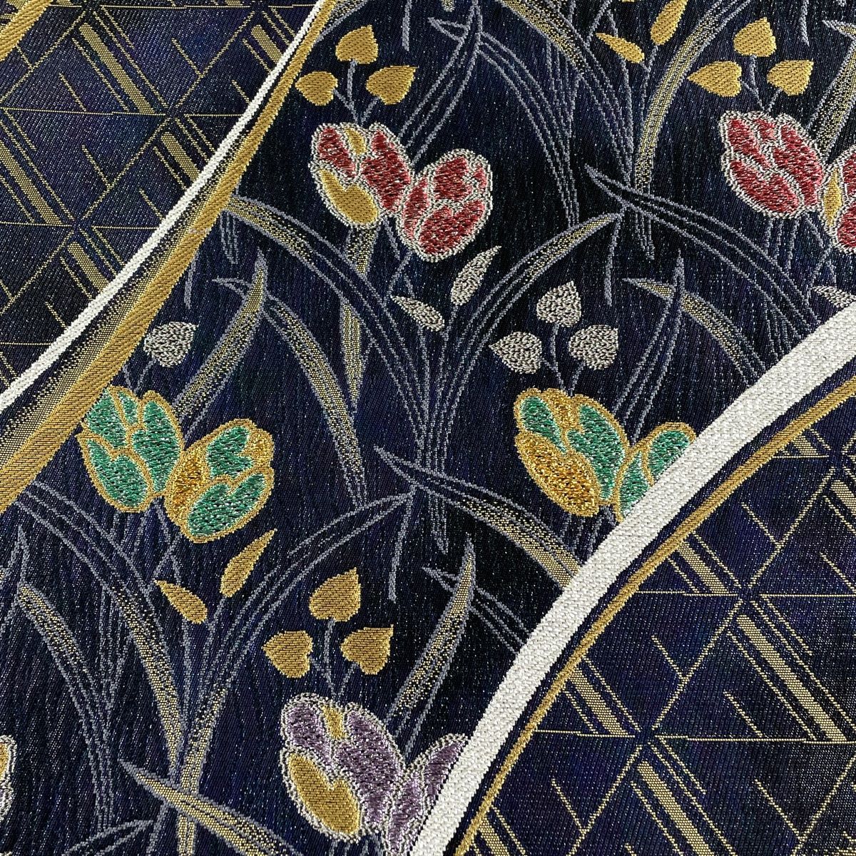 新品■正絹高級青銅箔草花文様，六通柄袋帯 袋帯 美品 秀品 華文 草花 金銀糸 箔 青紫 六通 正絹 【中古