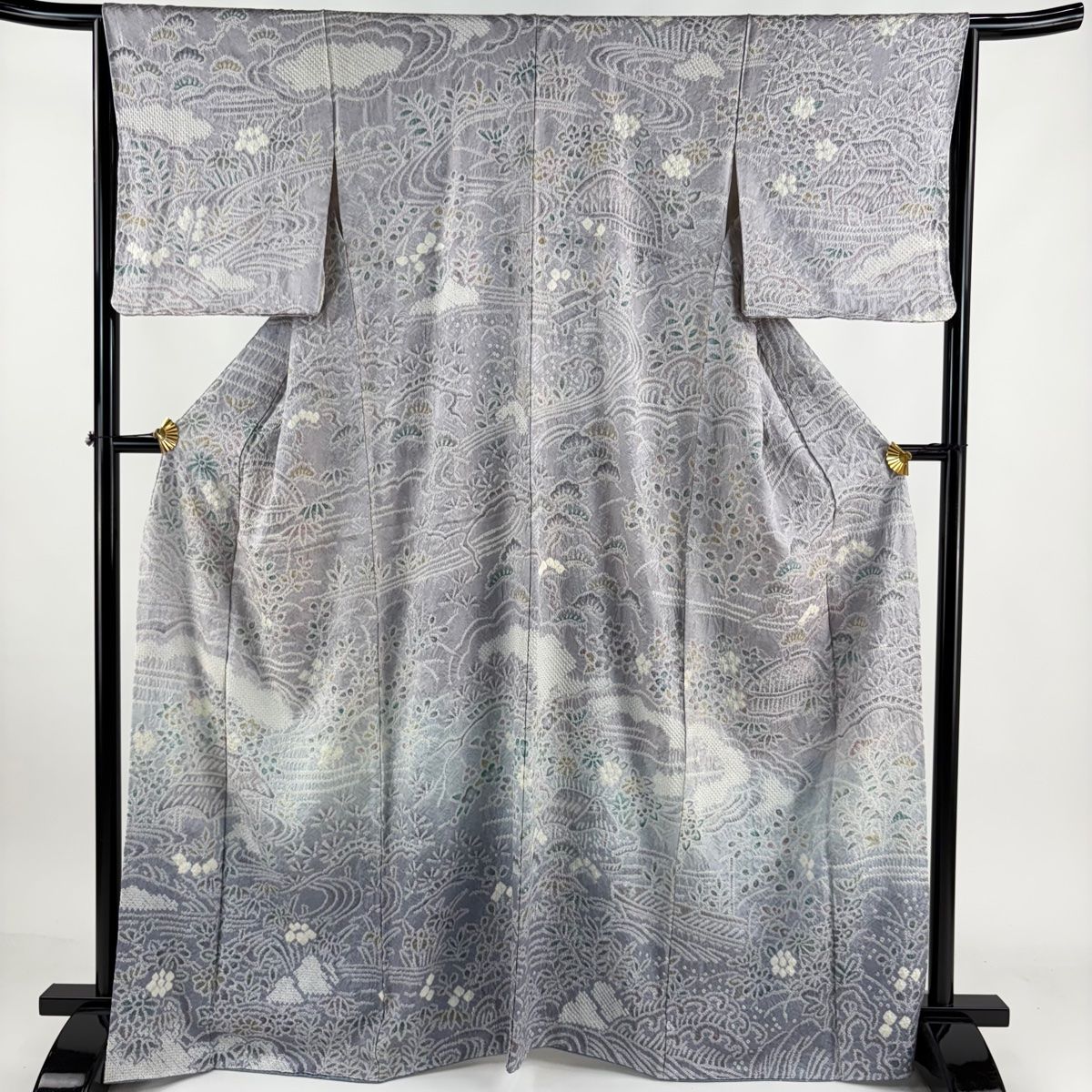 訪問着 身丈166cm 裄丈65.5cm M 袷 家屋 草花 総絞り ぼかし 薄紫 正絹 名品