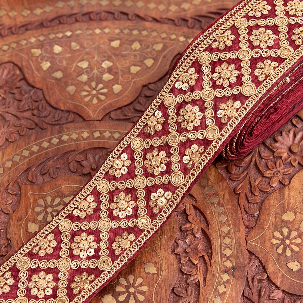 最終値下げスタート！ 全7色 約9m チロリアンテープ ロール売 - 金糸が美しい 更紗模様のゴータ刺繍〔幅 約5.8cm〕 - ハンデラバ