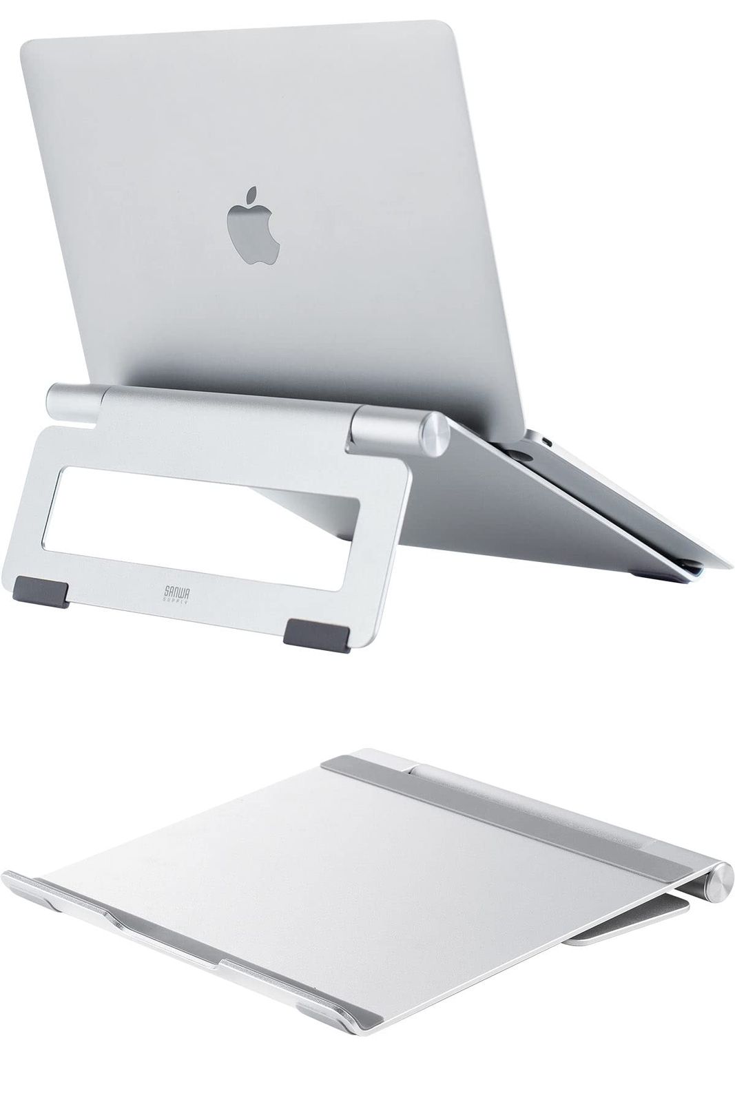 サンワダイレクト ノートパソコンスタンド 折りたたみ MacBook iPad 16型まで対応 無段階角度調整 アルミ シルバー 200-STN066S 