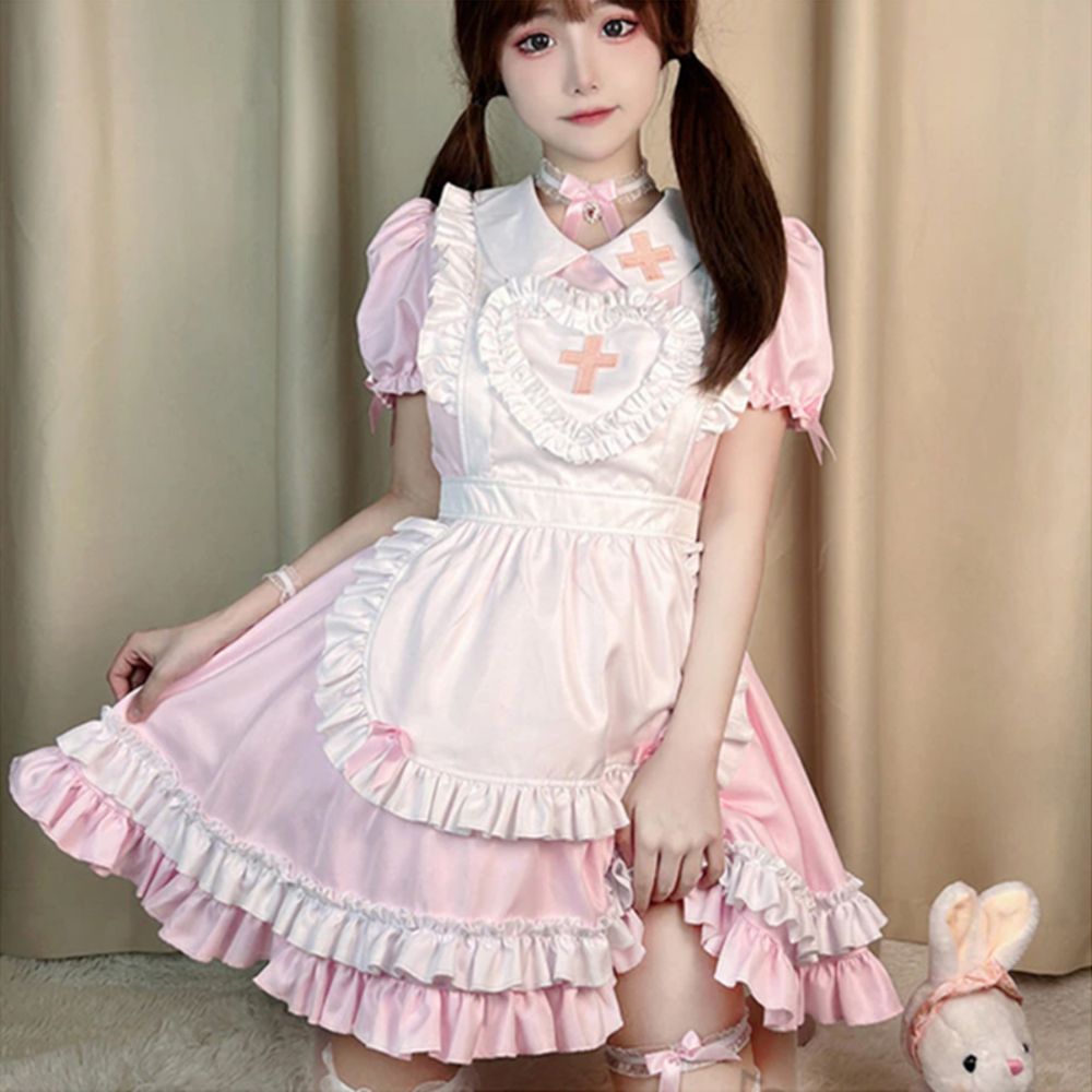 ハロウィン 十字架 メイド服 コスプレ 衣装 フリル ロリータ ミニスカ ハロウィン かわいいピンクP_4