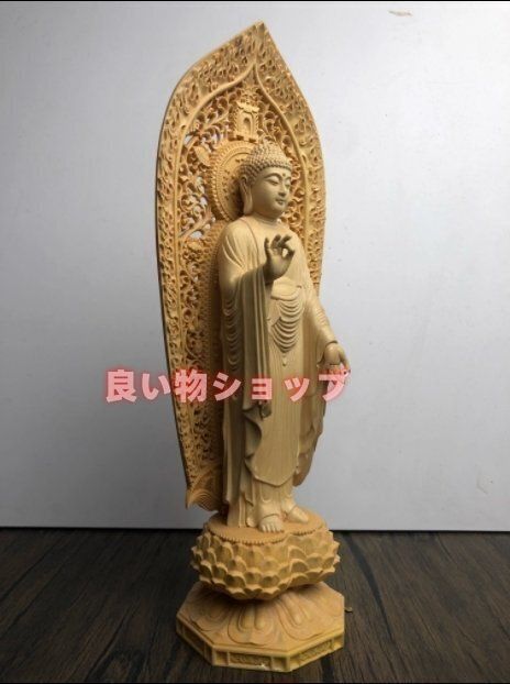 未使用 新品 木彫り 仏像 Z-WP ツゲ製高級木彫り （高さ18cm×巾8.5cm×奥行4cm） 置物 観音像 WinYa 風水 開運 仏壇仏像 仏教美術 阿弥陀如来 観音菩薩 大勢至菩薩像 三尊立像 ツゲ 木彫仏像