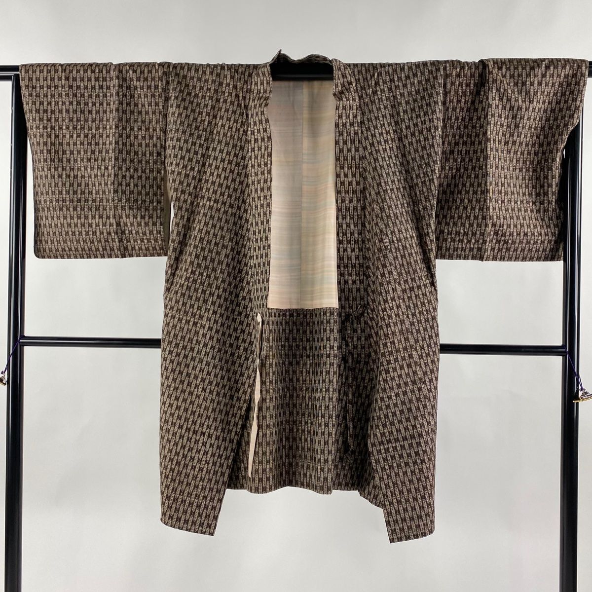 道中着 身丈104cm 裄丈66cm M 和装コート 幾何学 茶色 正絹 美品 逸品  