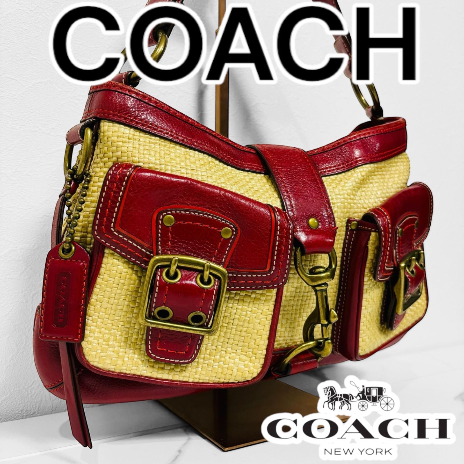 美品 COACH コーチ ワンショルダーバッグ ハンドバッグ シグネチャー レガシー ホーボー ストロー レザー カゴ ベージュ レッド レディース  バッグ - メルカリ