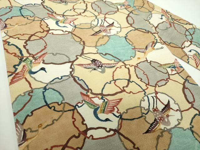 平和屋着物 九寸名古屋帯 紬地 型染 雪輪飛鶴文 正絹 DAAV6944ps