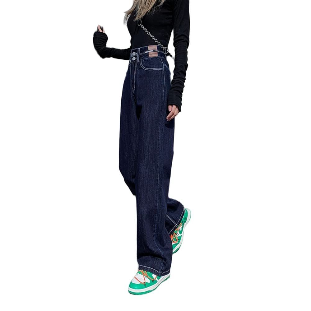 Size L_Color ネイビー アイモハ デニムパンツ レディース ハイウエスト ワイド ワイドパンツ デニム ボトムス 体型カバー ジーンズ ポケット ホワイトデニム 2ボタン 春 夏 秋 冬 韓国 ライク 脚長効果 おしゃれ ゆったり 大きいサイズ
