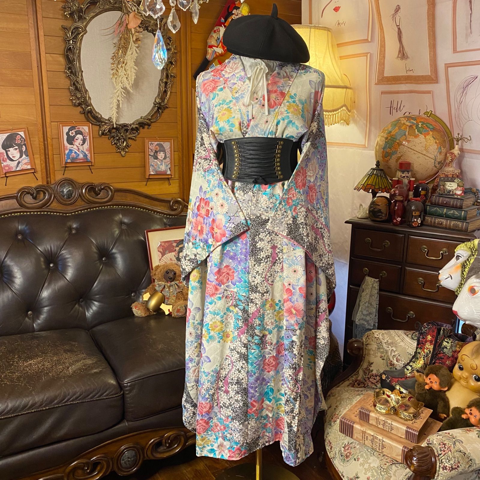 振袖 着物リメイクワンピース ドレス ロング 和洋折衷 レトロ 古着 