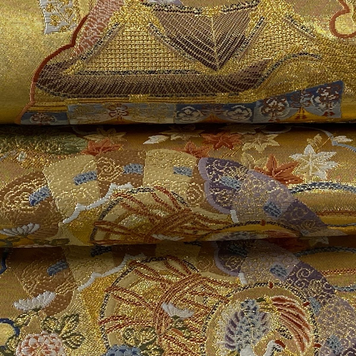 美品】袋帯全通唐織利休名物製本金二丁箔佐賀錦道長紋OB027 美品】袋帯全通唐織利休名物製本金二丁箔佐賀錦道長紋OB027
