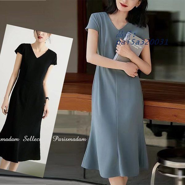 Ｖ襟ミセス上品ワンピース ミモレ丈 マーメイドラインスカート ひざ下丈 フレンチスリーブ 大きいサイズ有り 細く見える通勤20代30代40代50代60代 pai5a320031