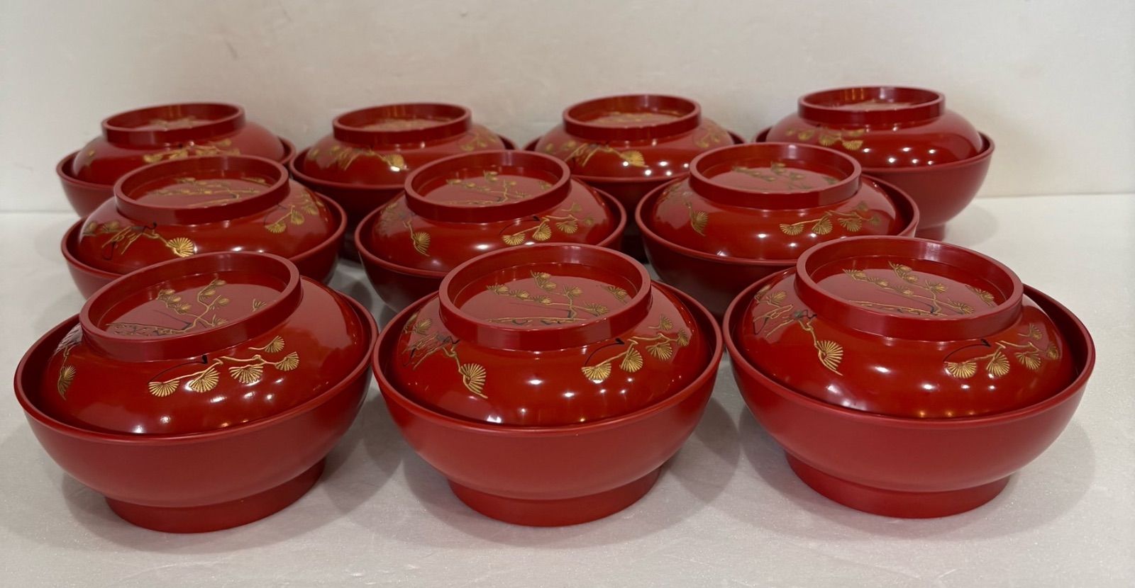かし椀セット 10客 沈金 朱塗り 朱 松 蓋付き汁物椀 昭和レトロ