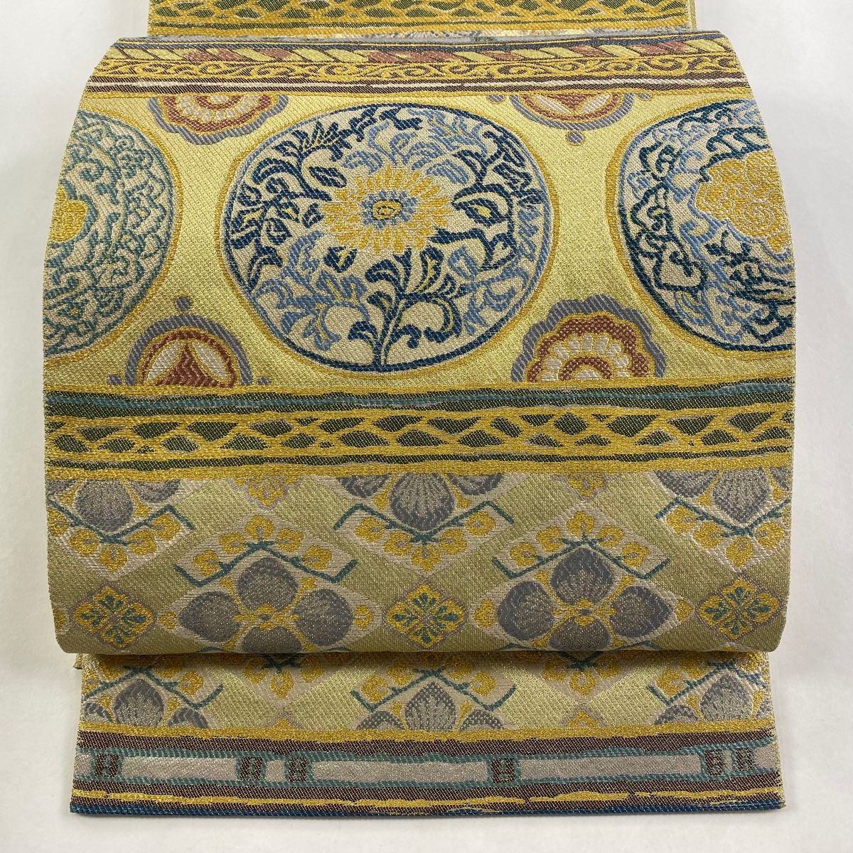 袋帯 名品 丸文 草花 金糸 箔 金色 六通 正絹