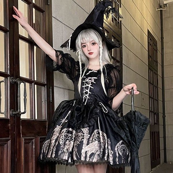 ワンピース ロリータ ハロウィン 魔女風 ウイッチ 魔法使い ショート丈 ミニ レディース ゴスロリ ハイウエスト Aライン ノースリーブ 長袖 ワンピース ロリータ ハロウィン 魔女風 ウイッチ 魔法使い ミモレ丈