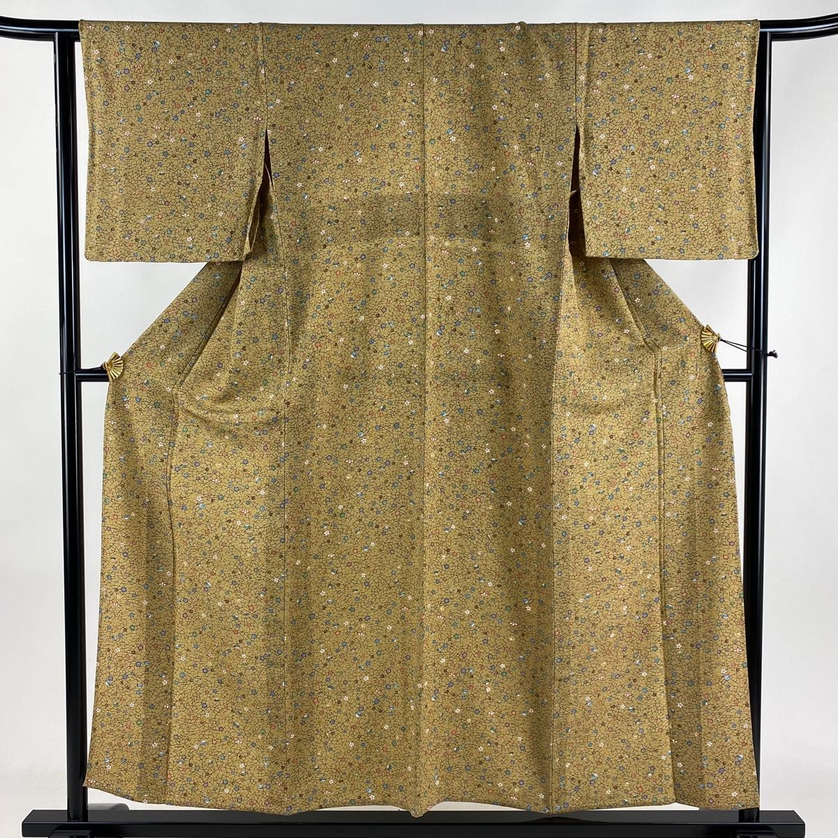 小紋 身丈154cm 裄丈62.5cm S 単衣 小花 扇 薄茶色 正絹 秀品