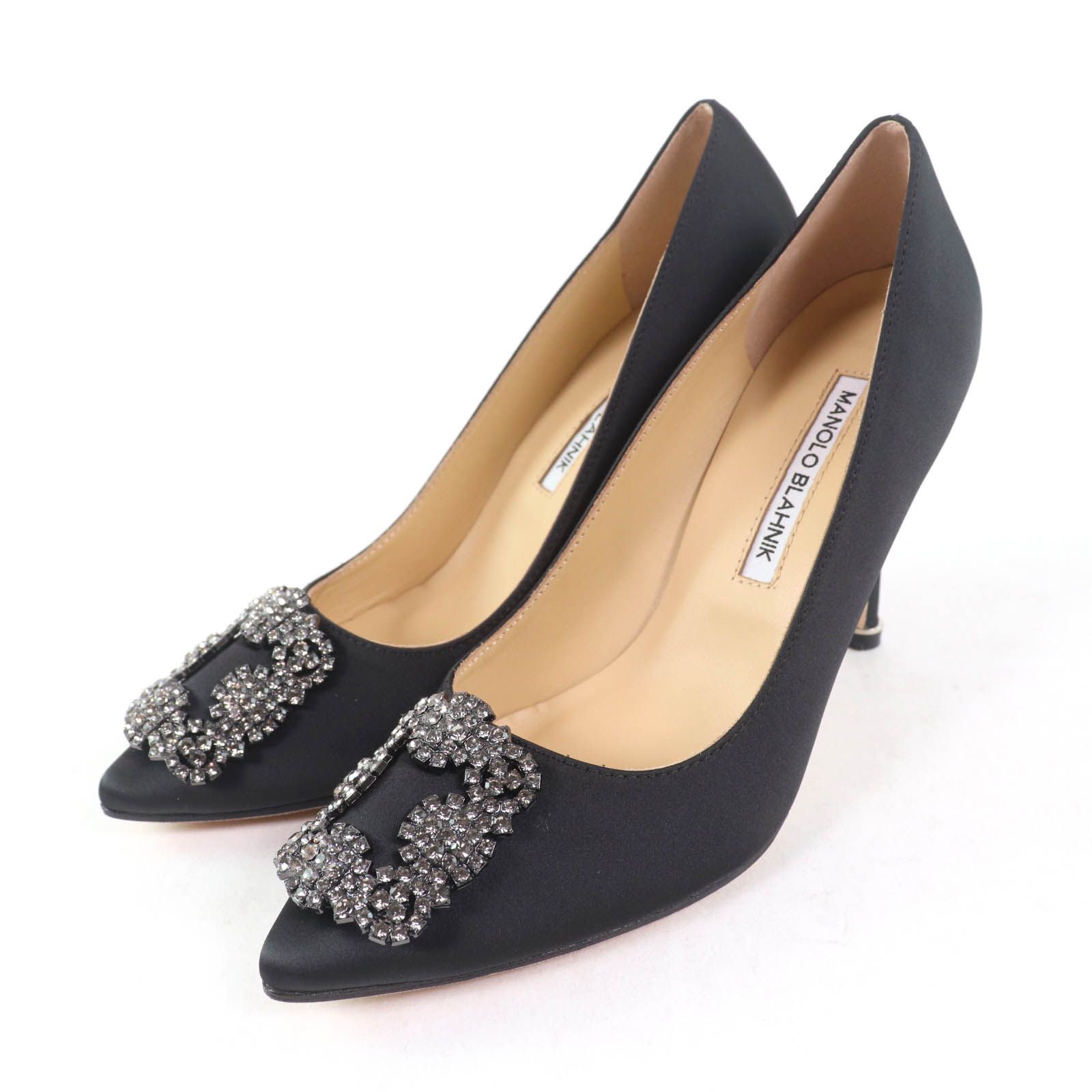 MANOLO BLAHNIK マノロブラニク ハンギシ ビジュー付 ポインテッドトゥ サテン パンプス ブラック 37 箱 保存袋付き イタリア製 レディース
