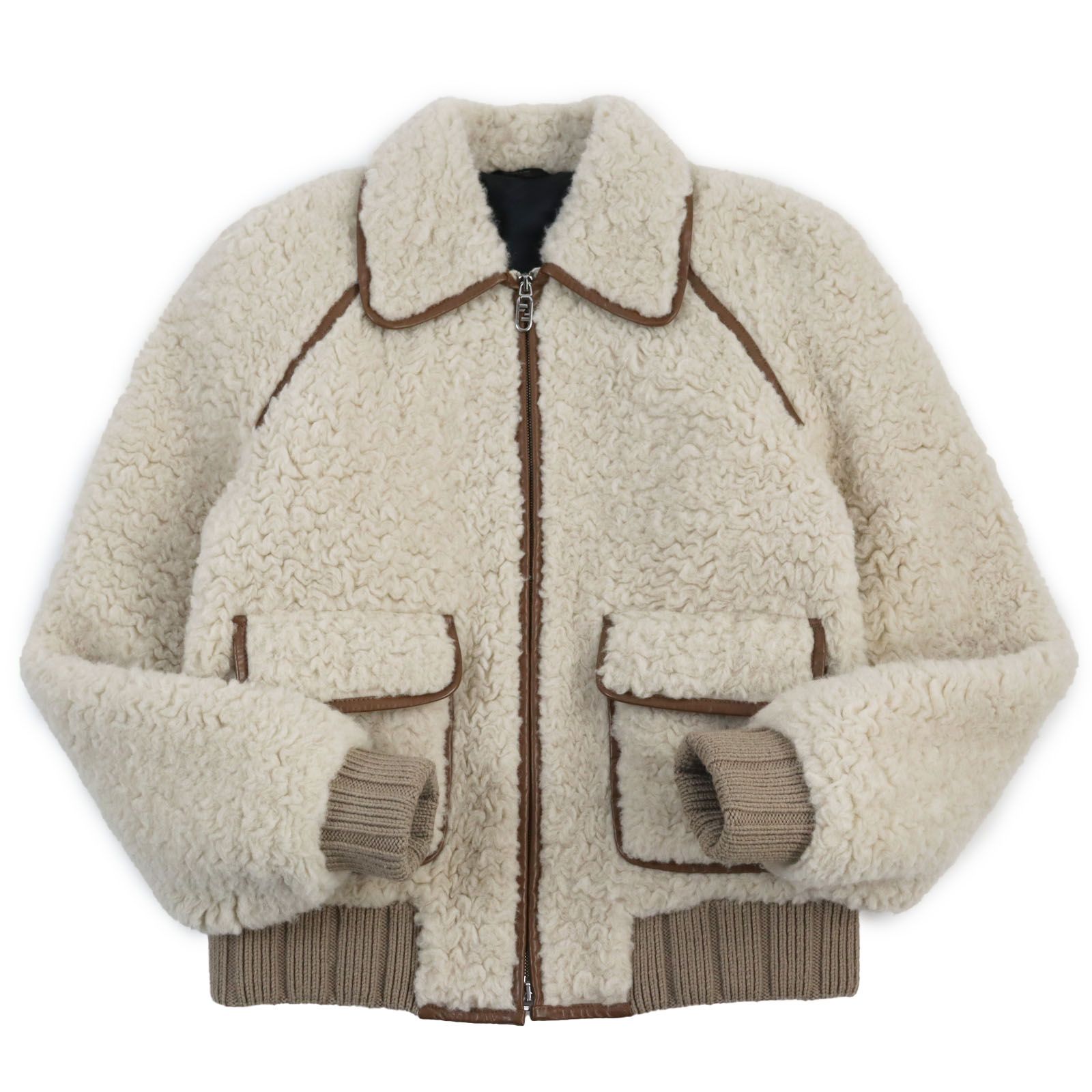 ●FENDI フェンディ FW1163 レザートリミング 中綿入り ウールアルパカブルゾン ベージュ ブラウン 46 ハンガー ガーメント付き イタリア製 メンズ
