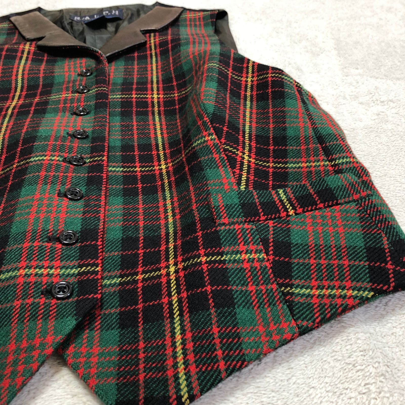 Ralph Lauren ジレ ベスト レザー切り替え タータンチェック柄 8